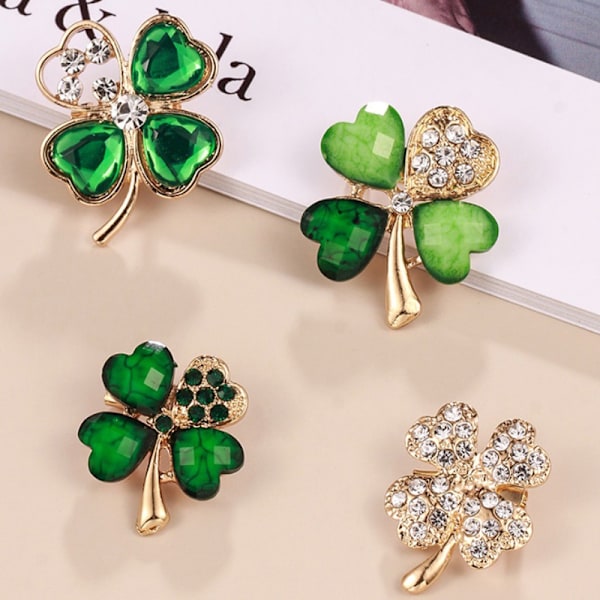 Firkløver Brosche Pin Grøn Rhinestone Brosche Legering Krystal Tørklæde Clip Krystal Brosche Pin Jule Brosche Pin Luc