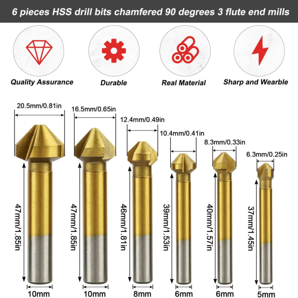 HSS Forsenket Senk Borsett 6 PCS 90° Titan Valnøtt Belegg Ø 6.3-20.5mm Skruver Verktøy Egnet for DIY Tre Metall PVC