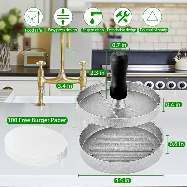 Non-Stick Burger Press med 100 ark köttpapper för nötkött