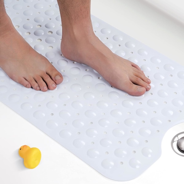 Skridsikker bademåtte, 101 x 40 cm ekstra lang skridsikker brusebadsmåtte, skimmelresistent og maskinvaskbar BPA-fri bademåtte, hvid