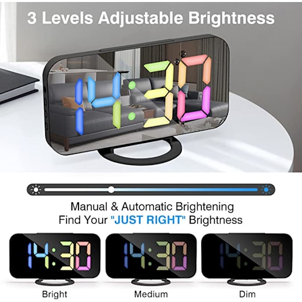 Svart väckarklocka med dimbar LED-display, digital klocka, Di