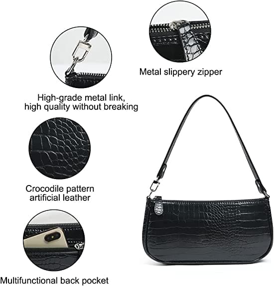 Sort læder skuldertaske til kvinder, mini håndtaske med retro cr