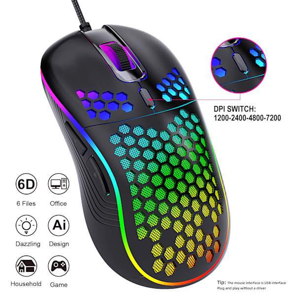 Kablet mus, hul, lysende gamingmus