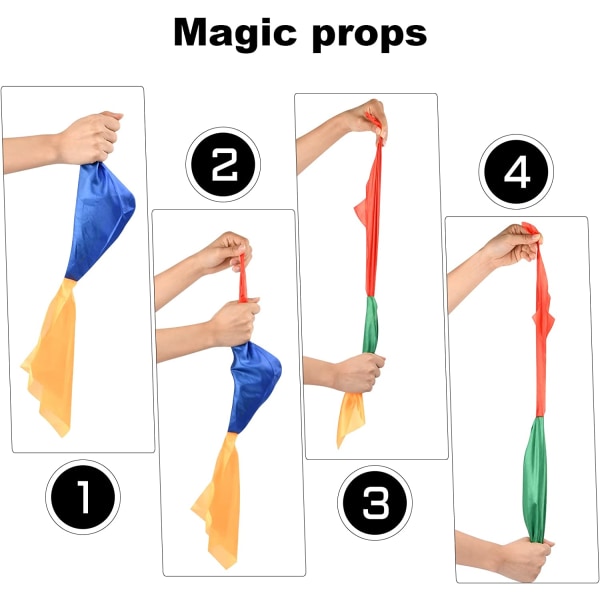 1 sett med magiske skjerf, 4 farger silkeskjerf for gatemagi,