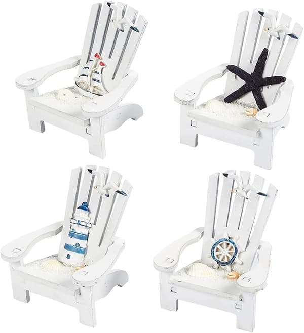 Sæt med 4 mini Adirondack strandstolspynt til kyst-, hav-