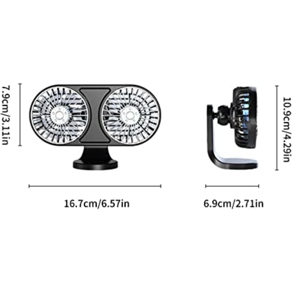Dubbelhuvud liten bilfläkt - Justerbar 3 vindar för fordonsluft C