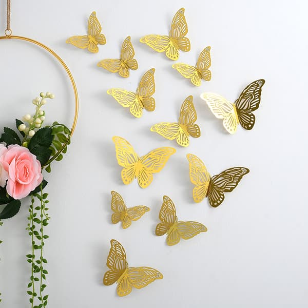 3D Butterfly Wall Sticker Set, (Guld) Størrelse L 3D Wall Decor til H