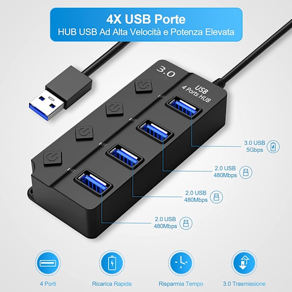 USB 3.0-hub med separat bryter og LED-lys, 4-porters USB-hub