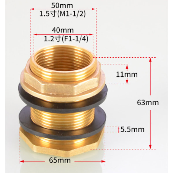 2 stk DN40 messing vanntank vannledning rørtilbehør adapter kran