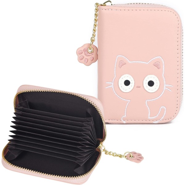 Pink læder kreditkortholder 11,5 x 8 x 3 cm Cute Cat lynlås C