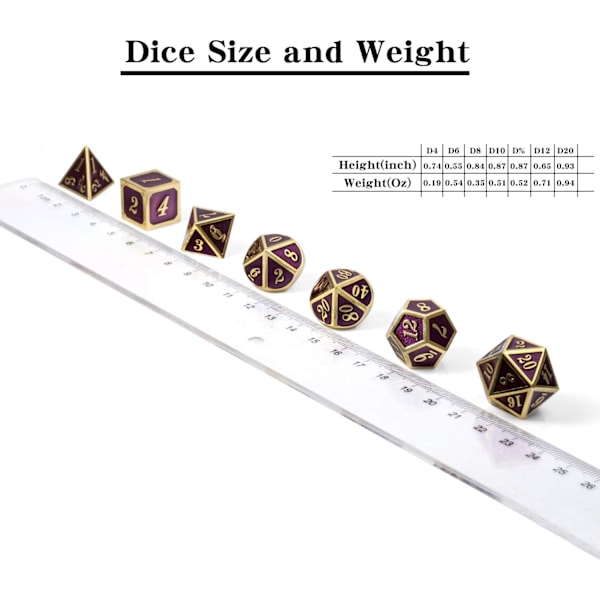D&D Metal Dice Set, 7-osainen metalliset polyhedral-noppasetti (Tumman violetti ja kultainen numero)