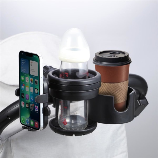 Stroller Cup Holder with Phone Holder, 360 Degree Rotating Phone