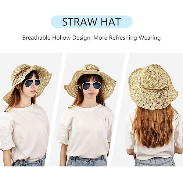 Foldbar stråhat til kvinder, anti-UV, bredskygget stråhat i Panama-stil til damer, fashionabel strandhat med sløjfe