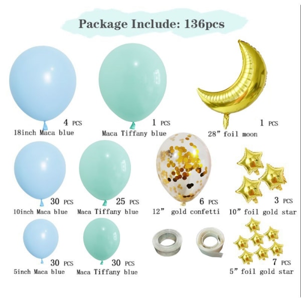 136 stk (Blue Moon) Helium Latex balloner til Kid Girl Women Birt