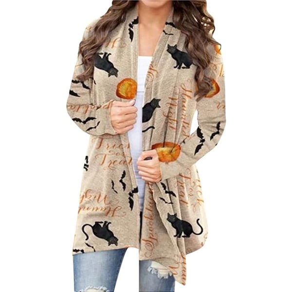 Women's Halloween Cat Pumpkin Cardigan Long Sleeve Open Front Kn