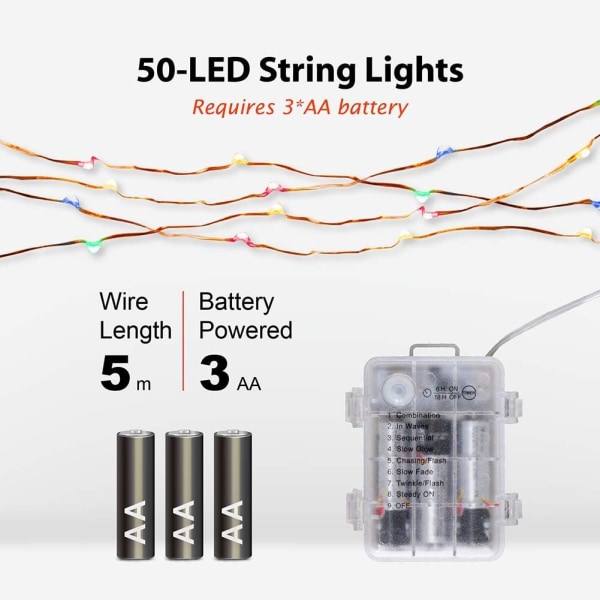 2 pakke 5 m LED-lys med 50 flerfargede lysdioder, batteri P