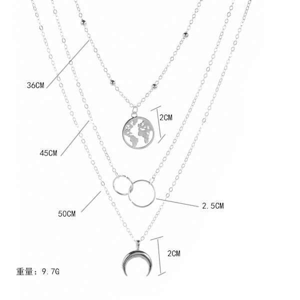 Flerskiktade halsband karta och dubbel halvmåne cirkelhänge halsband kedja smycken för kvinnor och flickor (Silver)