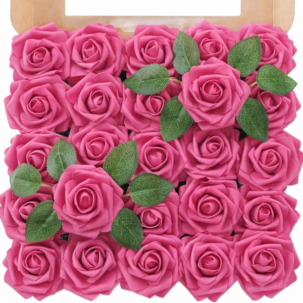 25 stk. Elfenbensfarvede Kunstige Skumroser med Stilke til Bryllupsbuketter, Festlige Midtpunkter, Arrangementer (Dark Pink)