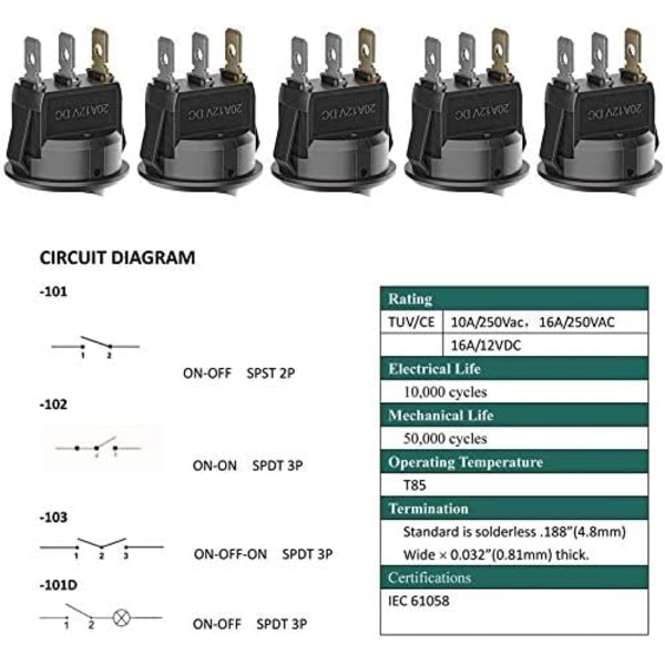 10 st 12V Belysningsomkopplare LED Vippomkopplare 12V 3-läges Låsande Omkopplare SPST Rund Knapp för Bil Båt Hem Applikation
