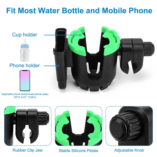 2-i-1 koppholder for barnevogn med telefonholder, grønn, universell C