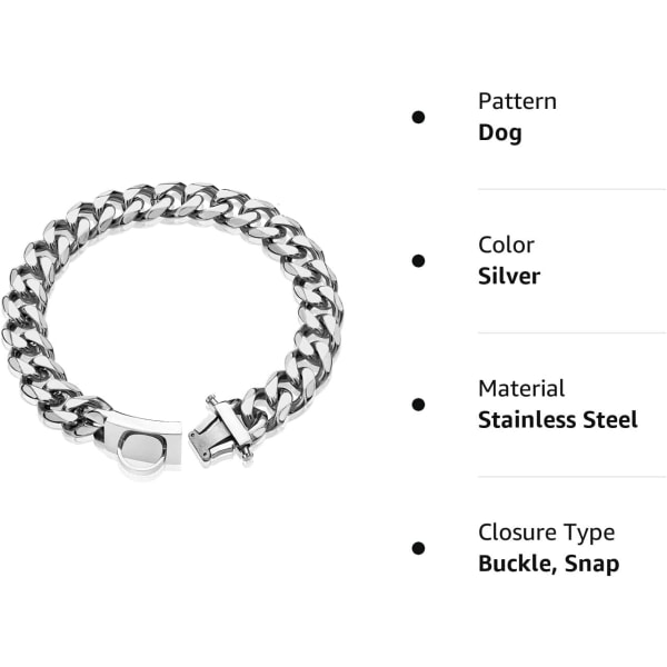 Koiran ketju (19 mm, 50 cm) hopea metalli, turvallinen solki, 1