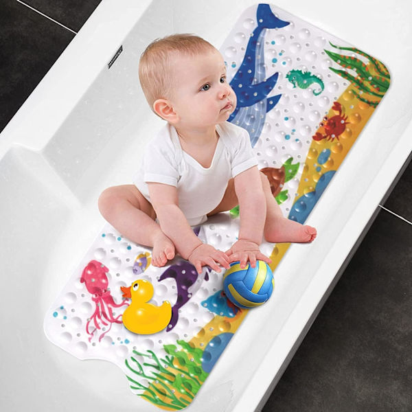 Skridsikker bademåtte, 100 x 40 cm skridsikker bademåtte, med 200 sugekopper PVC-materiale, brusebadsmåtte med tegneserie havdyr til børn og baby
