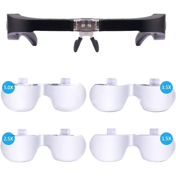 Förstoringsglasögon med 2 LED-lampor, förstorande pannband hands-free