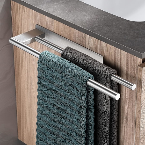 Bathroom Towel Rack No Drilling Stainless Steel Double Towel Holder Adhesive Two Arms