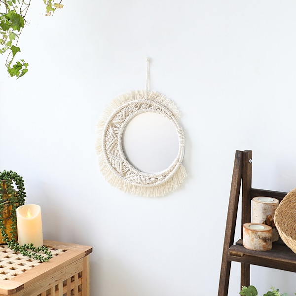 Hængende vægspejl med macrame-frynser, rund boho-spejl