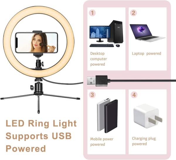 LED Ring Light 10\" med stativ og telefonholder til Live Str