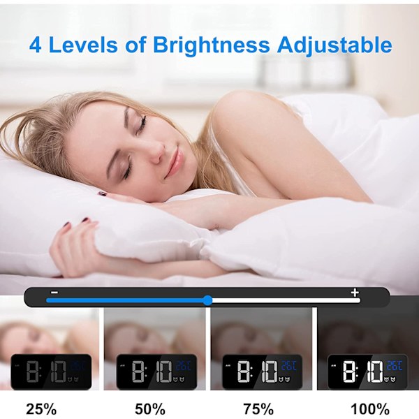 Svart-Digital Alarm Clock, LED Digital Clock Digital Morning Alarm Clock med Temperatur/Snooze/2 Alarm/12/24 Timer/USB Ladeport/10 Musikk