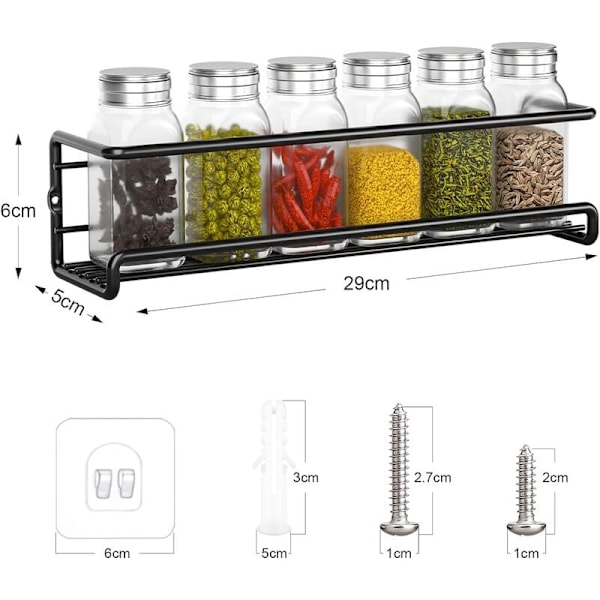 Køkkenkrydderihylde, Metal Krydderihylde Uden Boring, Køkken Vægmonteret Krydderihylde, Krydderiholder til Krydderiglas Pantry Køkkenskab Tilbehør, 29x6x6cm (Sort, 2 Stykker)