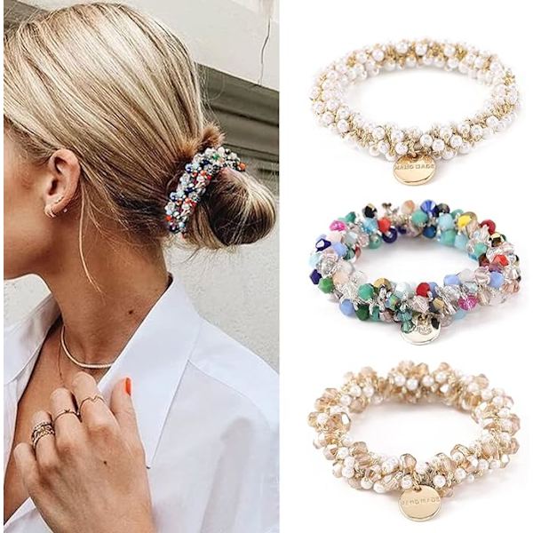 3-pack elastiska hårsnoddar stretchiga hårsnoddar med pärla