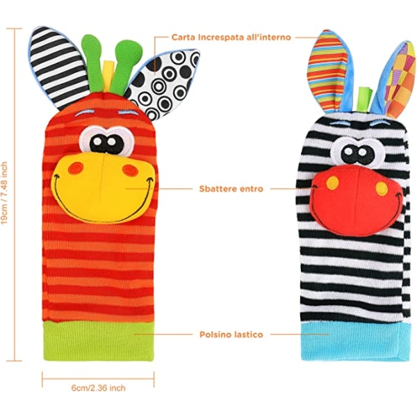 Sett med 4 babyhåndledds- og sokkeleker (striper), håndleddsklokke med rotte