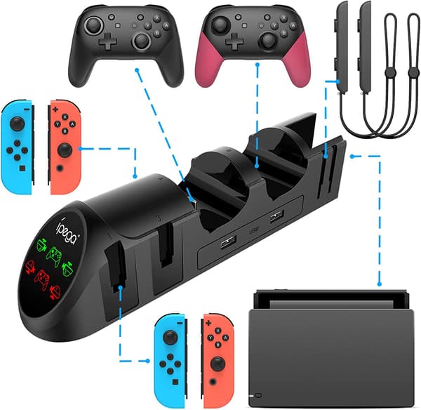 6 i 1 LED-laderdock kompatibel med Joy Cons og kontroller