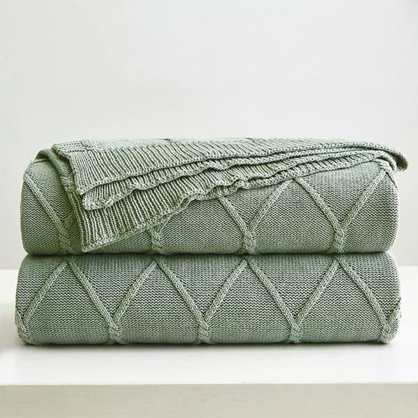 Bomull Salviegrønn Kabelstrikket Teppe for Sofa, Lett