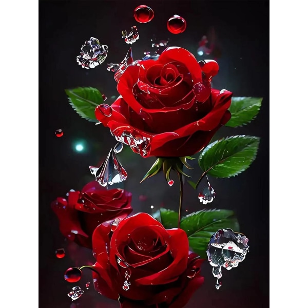 30x40cm, Water Drop Red Rose 5d diamond painted rhinestone embroi