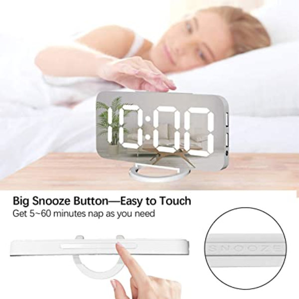 (Vit) Digital väckarklocka, stor speglad LED-klocka, snooze, dim N