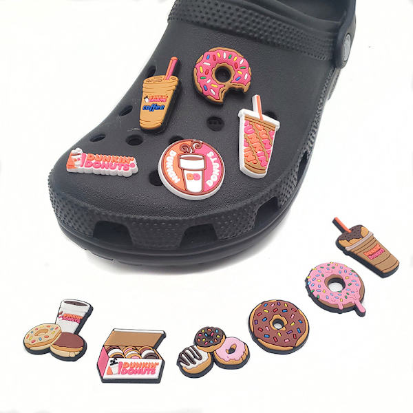 11 stk. 3D-clogsandal-pynt (donuts og mælkete), skosmykker, søde skopynt til clogsko, sandal, armbånd, gør-det-selv
