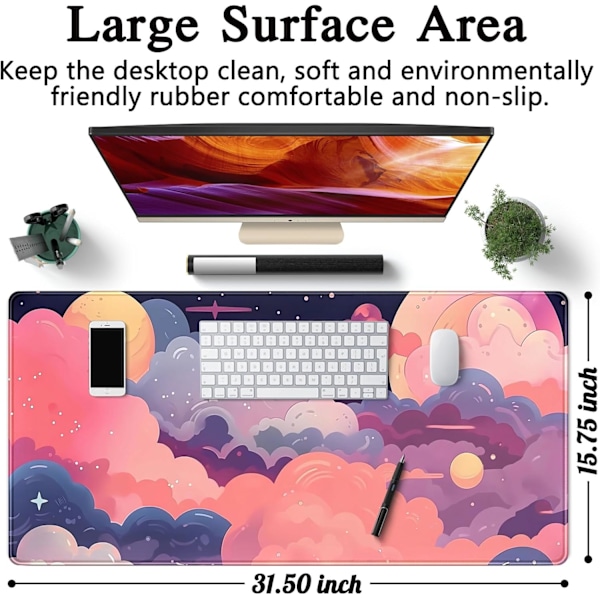 Söt skrivbordsmatta Kawaii Moln Rosa Lila Skrivbordsunderlägg Anime Musmatta 31.5''X 15.7'' Stor Hel Skrivbords Spelmusmatta Laptop C