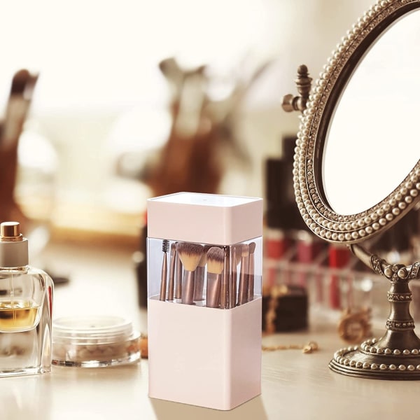Pink anti-låg makeup børsteholder, gennemsigtig makeup børste lager