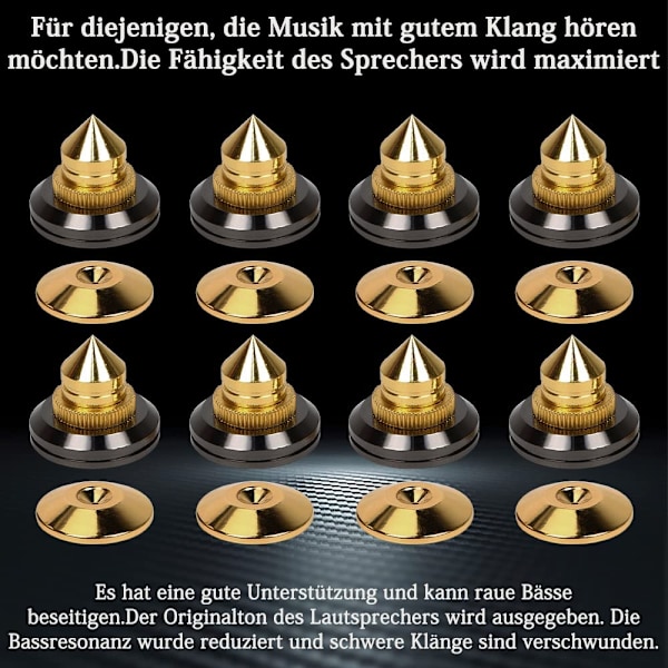 8 stk gullhøyttaler subwoofer endehetter solid messing kjegleisolator