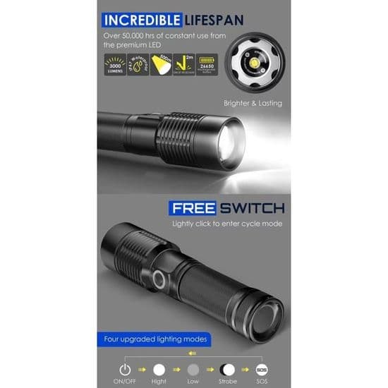 Erittäin tehokas LED-taskulamppu, USB-ladattava, 5 taskulampputilaa, A