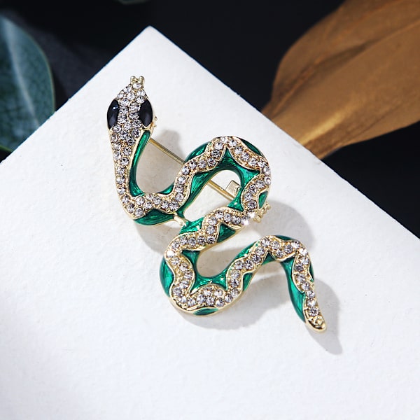 Grön orm brosch pin för kvinnor, helt smyckad med strass