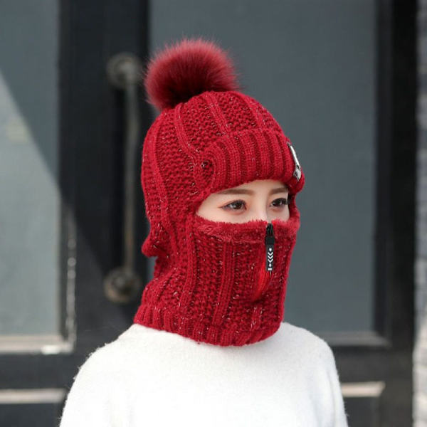 1 topp ull stickad hatt skidhatt set vindtät vinter utomhus wine red