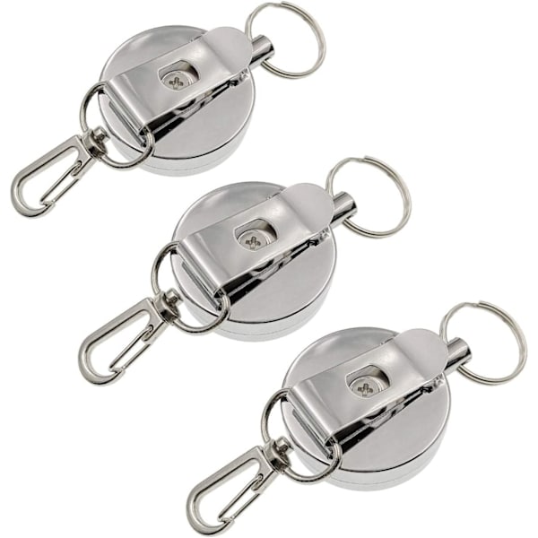 3 x Retractable Key Chains with Belt Clip and Steel Reel Chain,