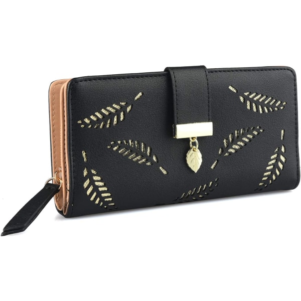 Black - Women's PU Leather Wallet with Cutout Leaf Pendant, 12 C