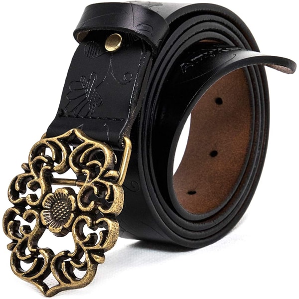 Black（115cm） women Genuine leather belt for jeans pants Floral d