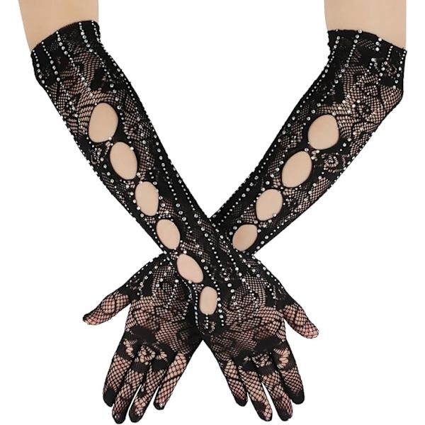 Par sorte sorte handsker med diamantroset, 40 cm lange med roseprint