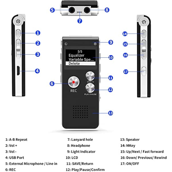 16 GB digital röstinspelare (diktafon), uppladdningsbar USB och 30